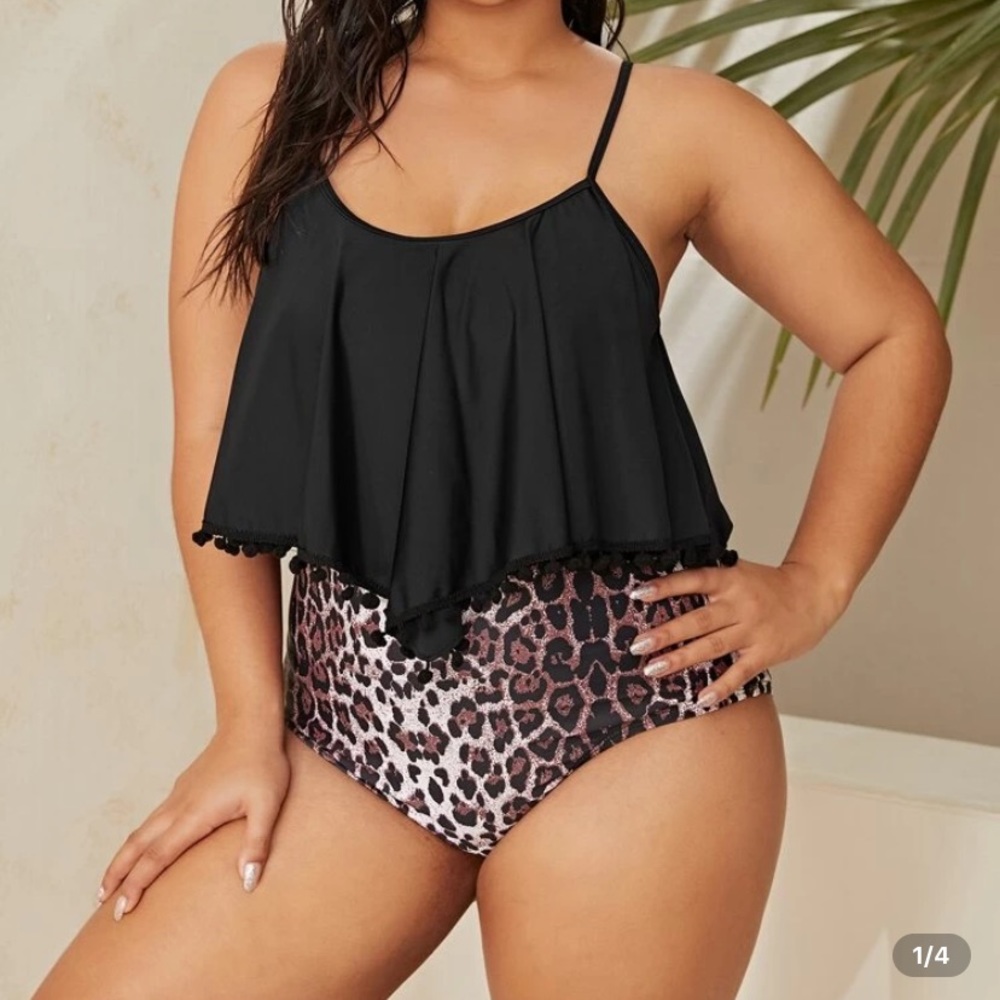 SHEIN Leopard Pom Pom Flounce Swimsuit